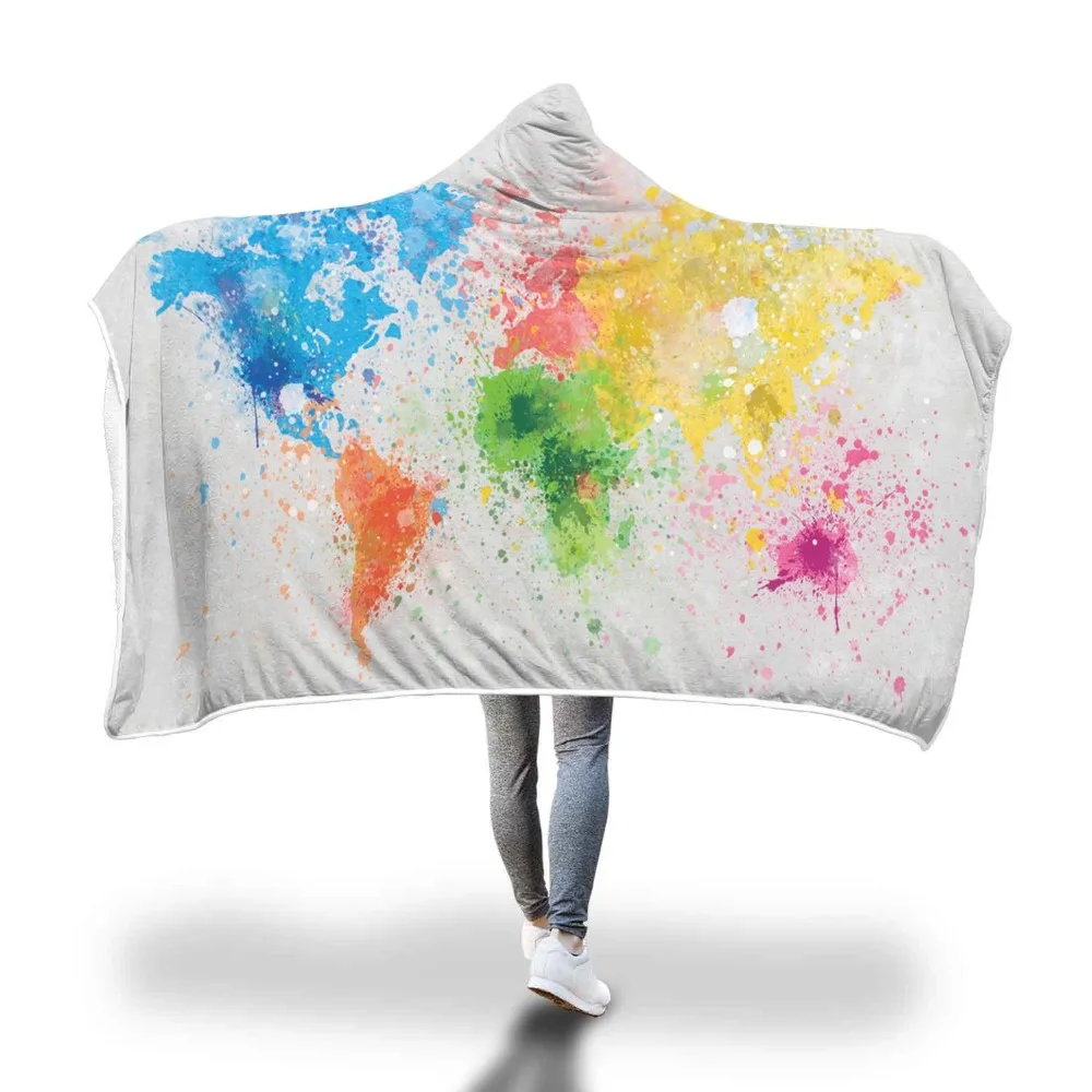 

Lannidaa Colorful 3D Printed World Map Blanket Home Textiles Warm Thick Fleece Blankets Wearable Winter Hooded Blanket For Adult