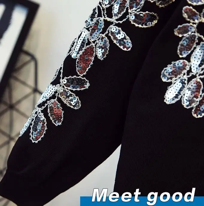 

High Quality New 2018 Spring Runway Suit Set Women's Handmade Sequined Floral Knitting Sweater Tops Harem Casual Pants Suit Set