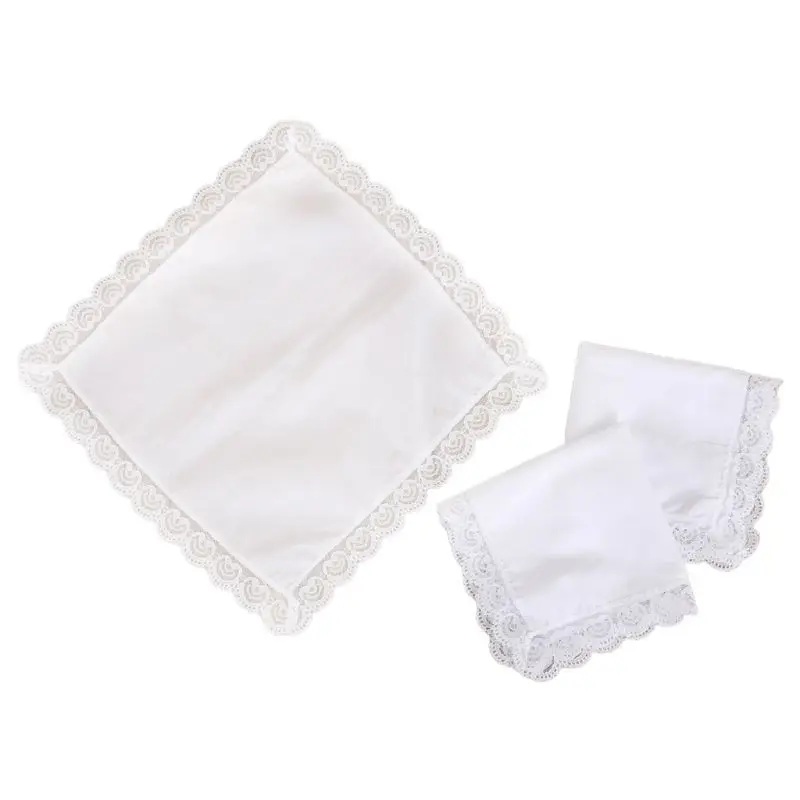 Women Plain White Square Handkerchiefs Crochet Peach Heart Scalloped Lace Trim Bridal Wedding DIY Cotton Napkin Hankies 25x25cm |