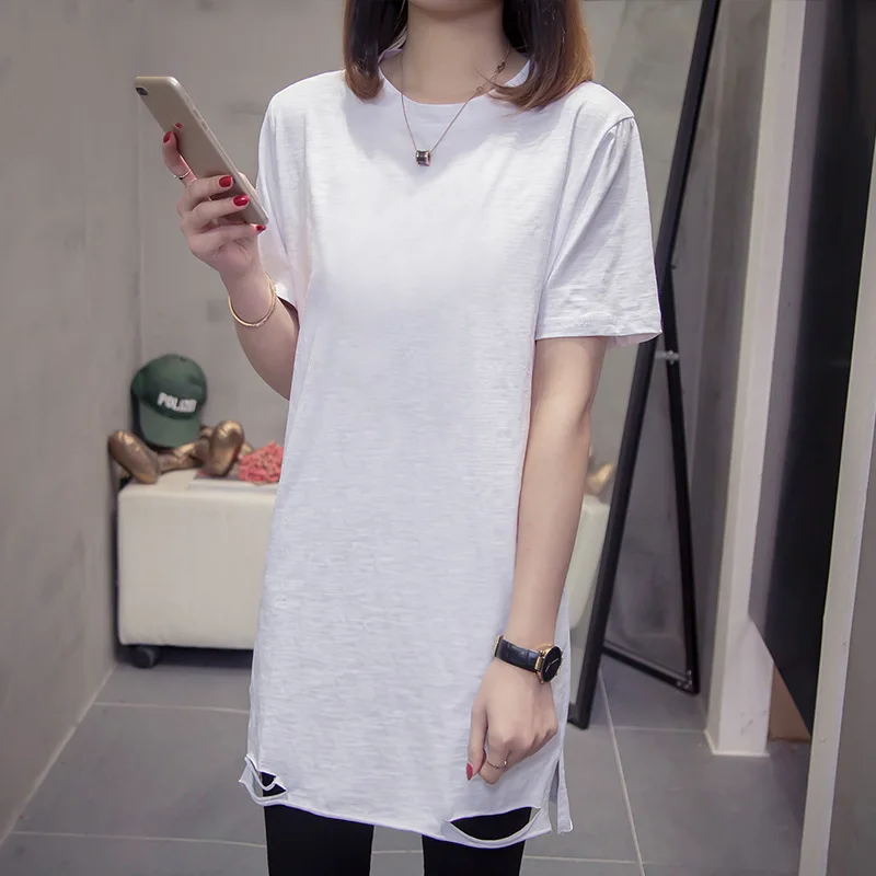 Женская хлопковая футболка средней длины ZXQJ свободная универсальная одежда с