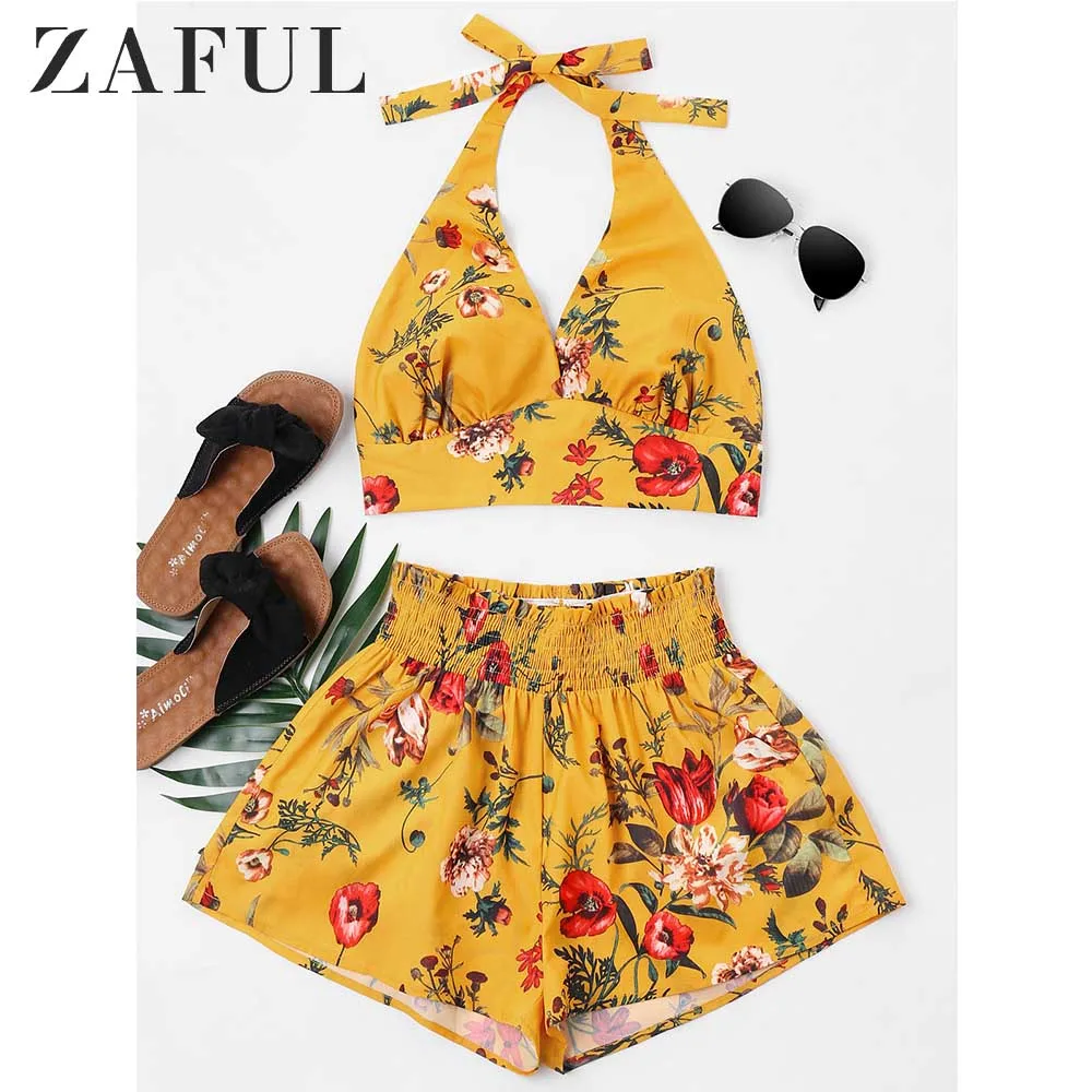 Женский короткий топ ZAFUL с цветочным принтом без рукавов эластичной талией