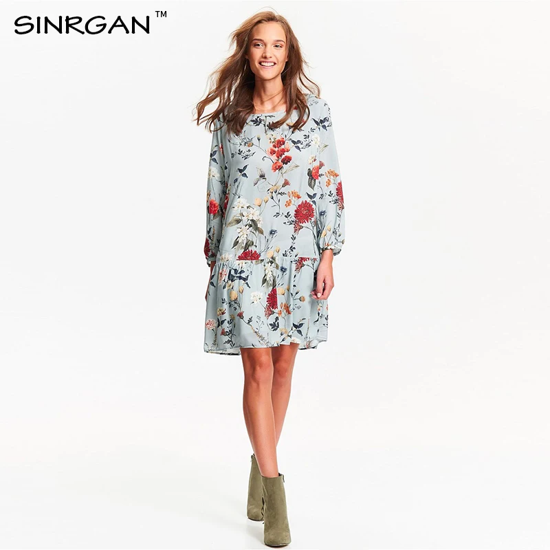 SINRGAN Woman Print Dress Summer Vintage Loose A Line Short Long Sleeve Sexy Mini Ruffle Beach Dresses Vestidos Mujer | Женская одежда