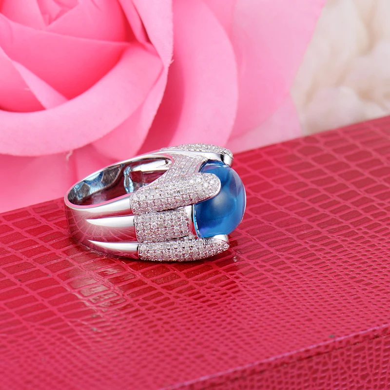 Loverjewelry Супер Винтаж унисекс кольца овальные 19x25 мм Твердые 14 к белое золото темно-синий Натуральный топаз драгоценный камень кольцо ювелирные украшения