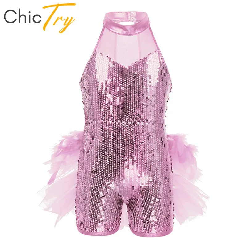 

ChicTry Kids Girls Sequins Ballet Leotard Feathers Ruffles Ballet Tutu Children Figure Skating Stage Jazz Latin Dance Costume