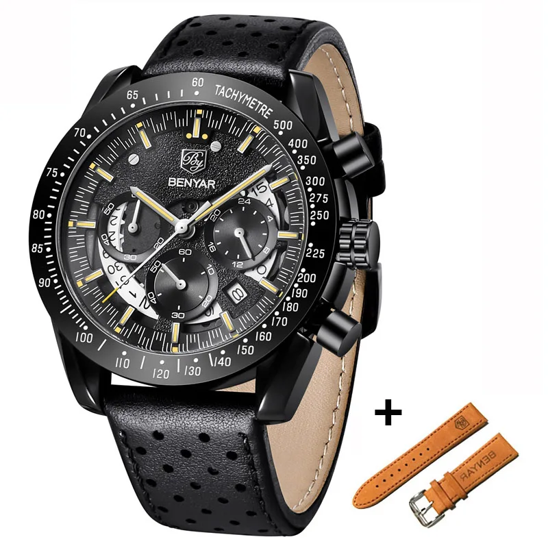 Leather Black Yellow BENYAR Повседневная мода хронограф из нержавеющей стали часы комплект для мужчин высокого качества Бизнес Кварцевые наручные часы для мужчин Relogio Masculino - Цвет: Leather Black Yellow