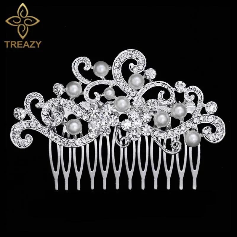 Design 9 Silver TREAZY/свадебные расчески для волос золотого цвета для женщин, украшенные жемчугом и кристаллами, свадебные аксессуары для волос, головной убор для дня рождения, диадема для невесты - Окраска металла: Design 9 Silver