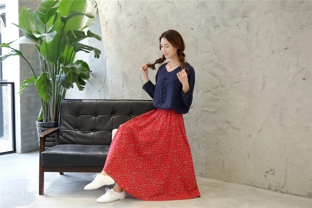 

Shanghai Story Women's Spring/Summer Floral Pleated Retro A-Line Cotton Linen Long Skirt Red summer skirt