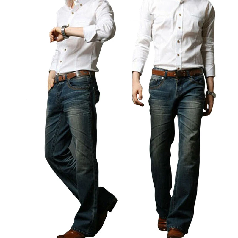 Мужские классические джинсы со средней талией эластичные расклешенные модель
