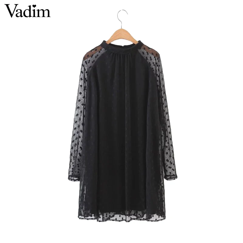 women Polka Dot sexy mesh black pleated dress long sleeve oversized back buttons loose mini vestidos QZ2797 | Женская одежда