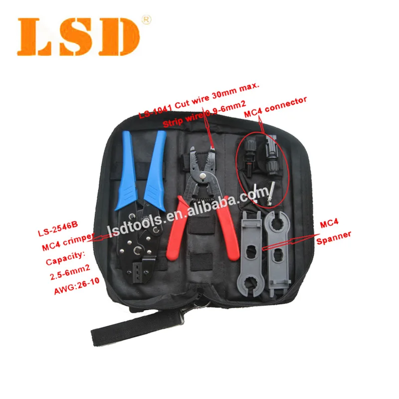 

MC4 Solar Tool Kit LS-K2546B-1 with MC4 hand crimping tool, cable stripper, MC4 spanner, MC4 connector solar Tool set