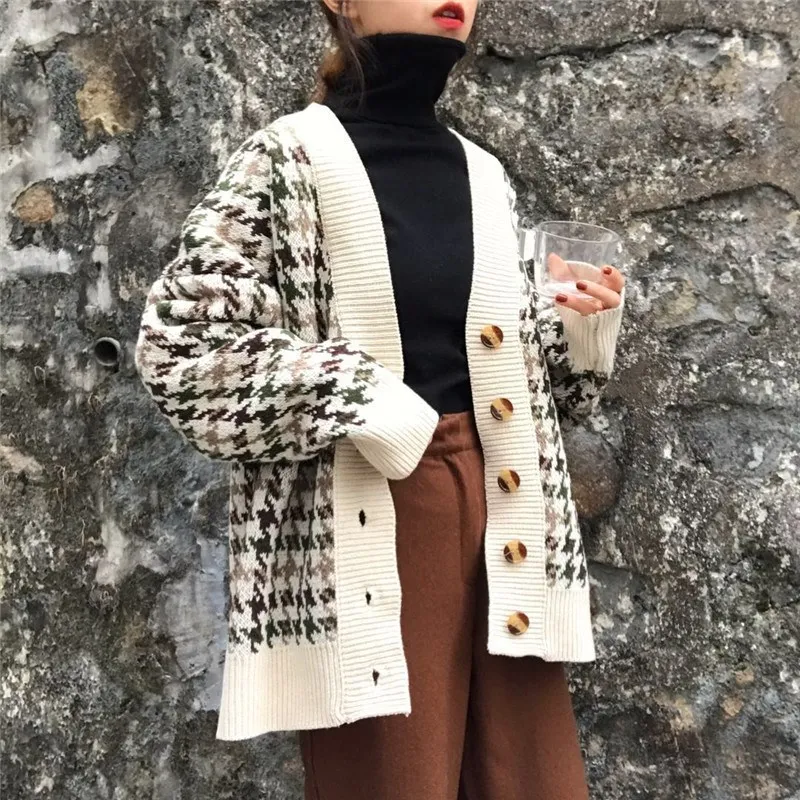 Danjeaner Loose and Lazy Wind Knitted Long Cardigans Retro Single Breasted Plaid Sweaters Harajuku Streetwear Knitting Pullover | Женская