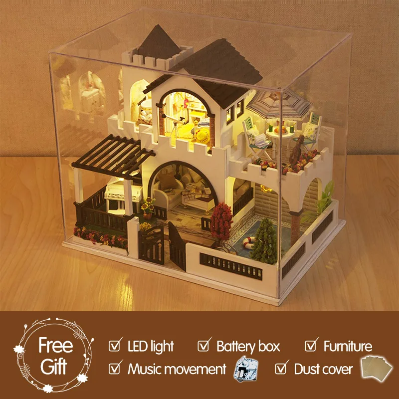 With dust cover Мебель для девочек DIY Миниатюрный Кукольный дом 3D деревянные кукольные домики миниатюрный кукольный домик мебель набор игрушек для детей - Цвет: With dust cover