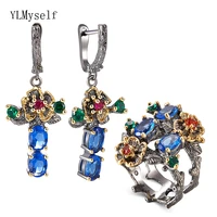 blue crystal earrings ring jewellery set leaf dangle earrings multi zirconia flower pretty 2pcs jewelry sets for women