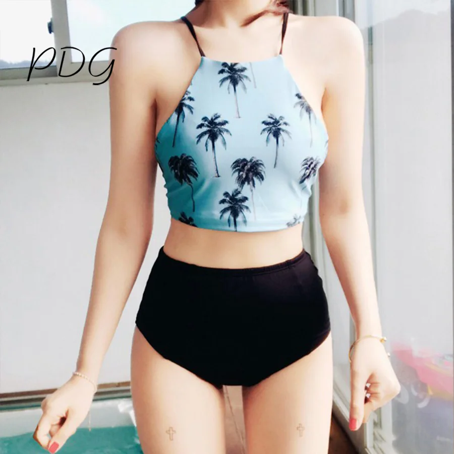PDG swimwear 2017 high waist women set top push up swimsuit tree printed sexy bikinis vintage bottom bikini suit for girls | Спорт и