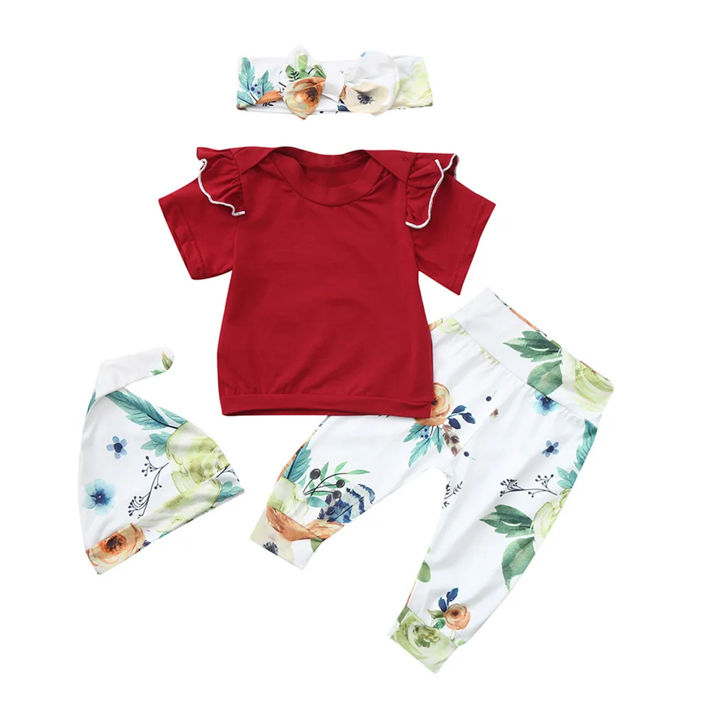 4PCS Toddler Baby Boy&ampGirls Outfits Floral Print Top Pants Cap Headband Ruffles girl clothing teenage kids clothes | Детская одежда