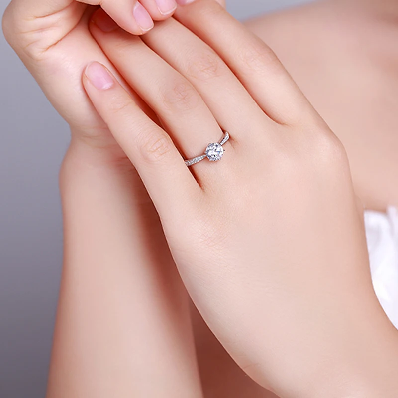 Genuine 14k White Gold 0.17carat Round Diamond Engagement Ring H Color I1 Clarity Classic 6-Prongs Setting With Accents For Lady | Украшения
