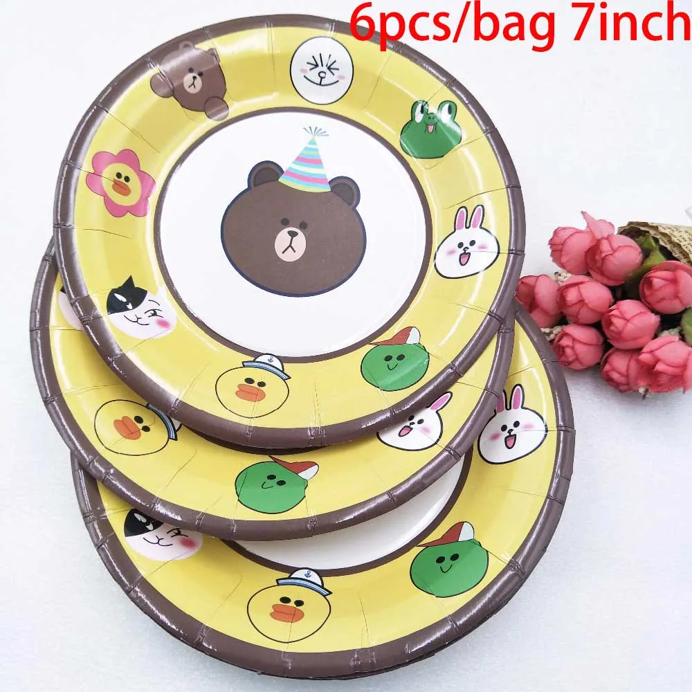 Plates7inch 6pcs Коричневый медведь Дети День рождения украшения набор вечерние принадлежности баннер на тарелке, чашке шляпа соломы Лут мешок рог вилка одноразовая посуда - Цвет: Plates7inch 6pcs