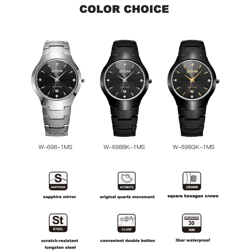 Часы DOM мужские вольфрамовые стальные Роскошные топовые брендовые