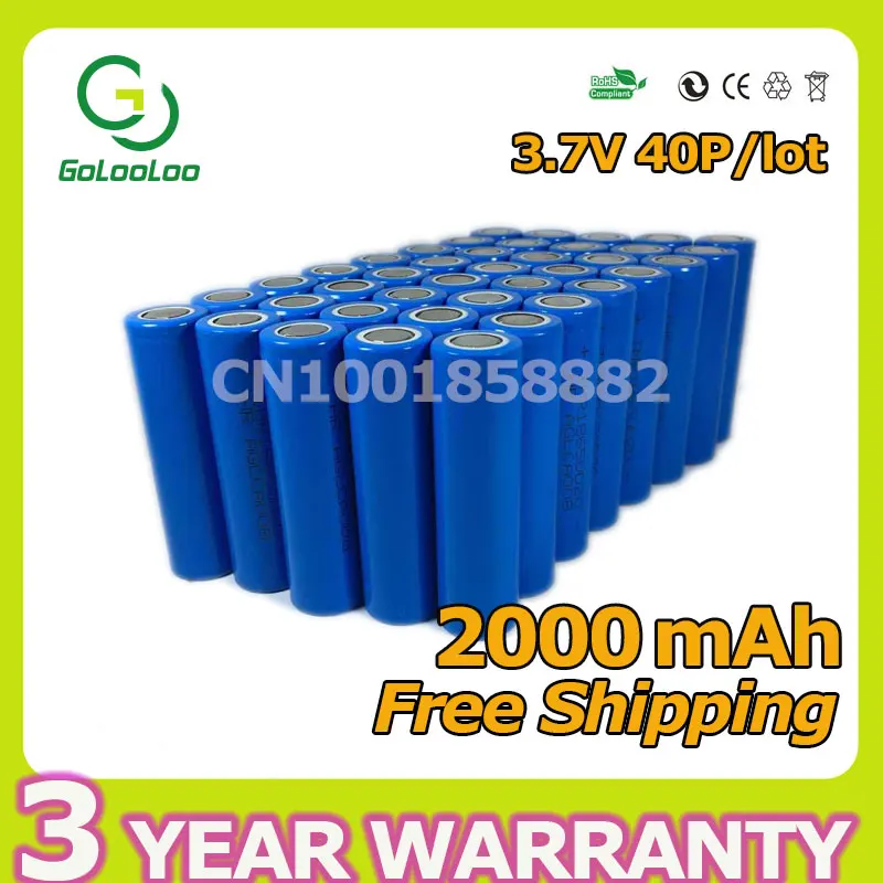 

Golooloo [ Full capacity ] 40pcs/lot 3.7V 2000mAh Rechargeable Battery Purple 18650 for the assembly mobile power, notebook