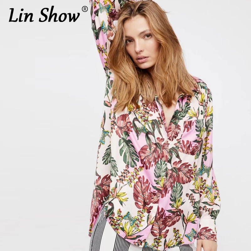Linshow с цветочным принтом одежда длинным рукавом Женские топы и блузки женские