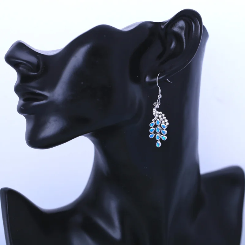 ROLILASON The new peacock design is for ladies wedding gift blue Fire Opal Silver Drop Earrings Fashion Jewelry OE703 | Украшения и
