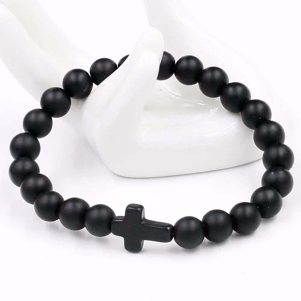 Мужские и женские матовые бусины с крестиком 8 мм натуральный черный камень