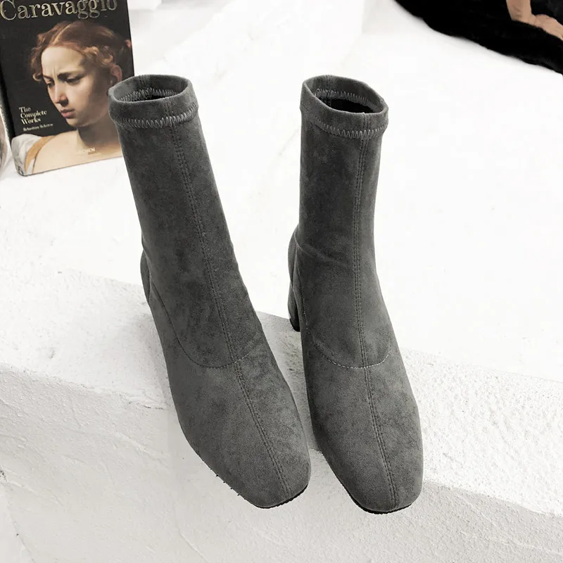gray Short plush Новая женская обувь ботильоны на высоком каблуке без шнуровки зимние эластичные носки элегантная обувь на высоком квадратном каблуке Женская обувь, большие размеры 33-43 - Цвет: gray Short plush