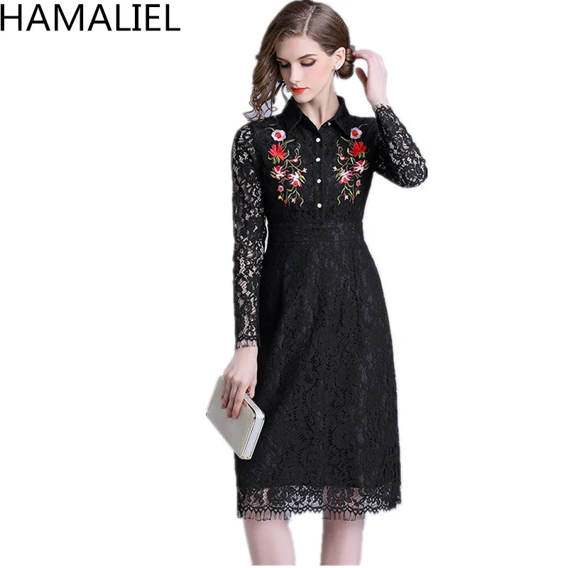 HAMALIEL осеннее кружевное вечернее платье для женщин однобортное черное цветочное