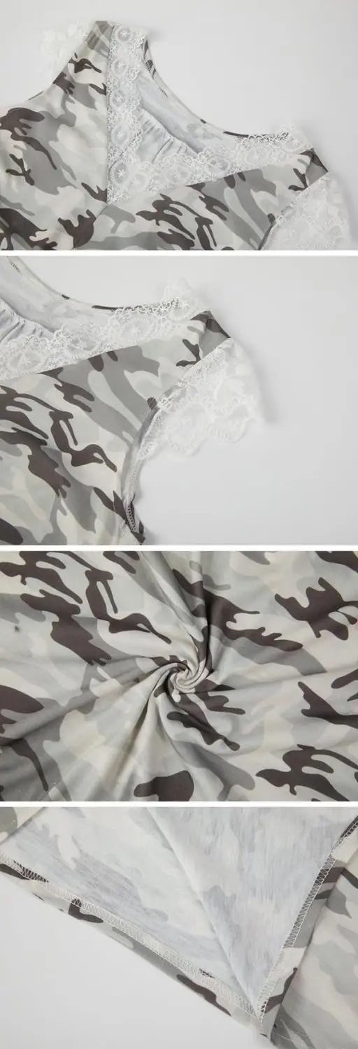 Elegant V Neck Lace Patchwork Camouflage Up Tee Top 2019 Summer Women Clothes Casual Slim Fashion Tees Female | Женская одежда