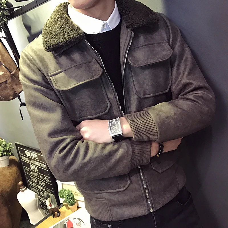 Chaqueta Invierno Hombre зимняя мужская пуховая модная зимняя куртка-бомбер с воротником из овечьей шерсти, черное, зеленое Стеганое пальто, приталенное M-3XL - Цвет: Brown green
