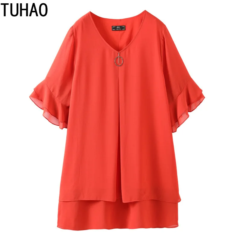 

TUHAO High Quality SUMMER Orange Women Blouse Plus Size 10XL 8XL ELEGANT Office Lady Blouses Woman's Tops Casual Shirts MS05