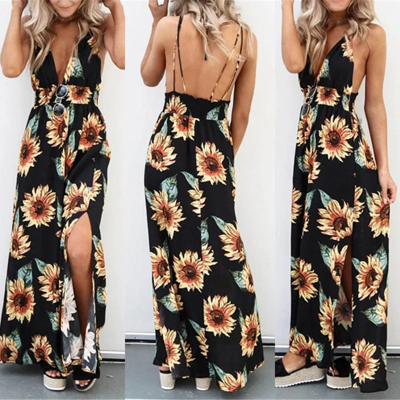 Цветочный принт Lang Maxi Kleid без рукавов с открытой спиной Sommer Kleider Strand принтом