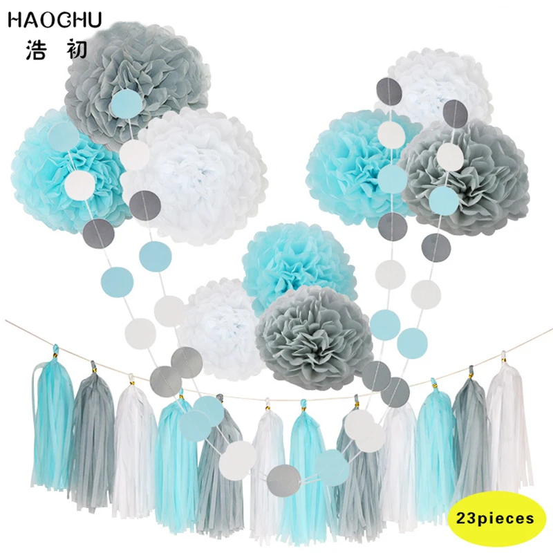 

HAOCHU 23pcs/set Blue Wedding Decoration 8 10 12inch Gray White Tissue Paper Pom Poms Decorative Wreath For Birthday Party Home