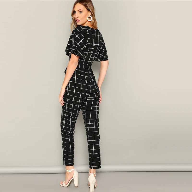 SHEIN Элегантный Комбинезон В Клетку С Оригинальным Рукавом И Поясом Комбинезон С Завышенной Талией