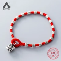 925 sterling sliver retro vintage ethnic lucky red flower pendants rope bracelets for gift