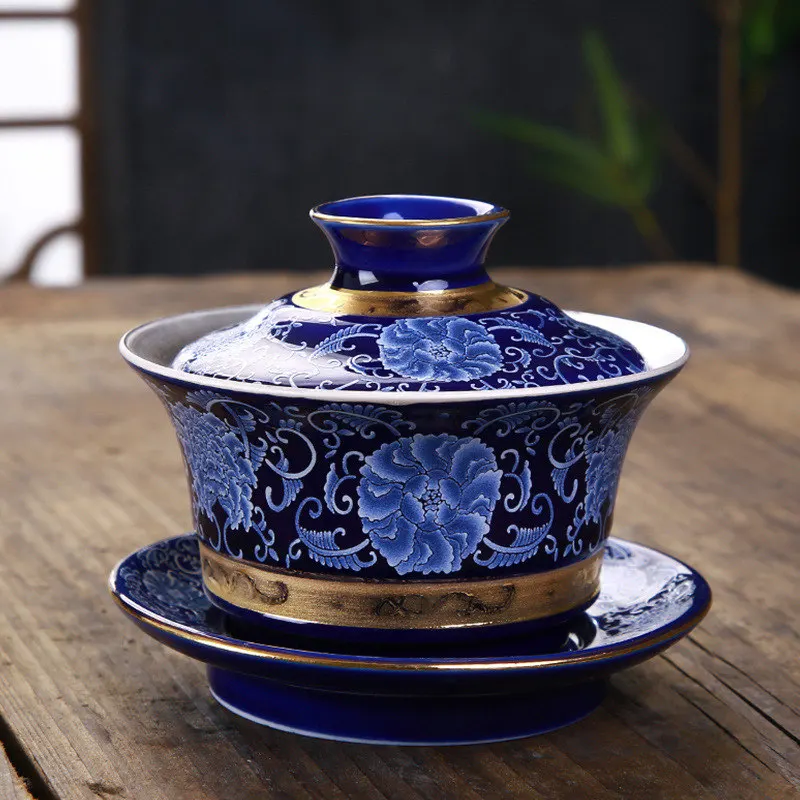 Picture color Серебряная фарфоровая чаша Gaiwan, Набор чашек ручной работы, пион, цветок лотоса, керамическая супница, китайский чайный сервиз Кунг-фу, чашка gaiwan, блюдце, крышка - Цвет: Picture color