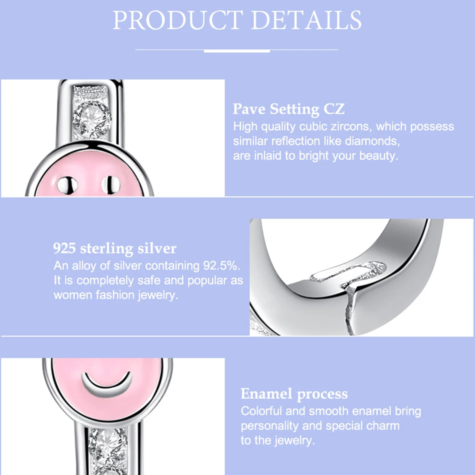 Pink Enamel Smile Face Children Earrings Authentic 925 Sterling Silver Clear CZ Hoop For Girls Kids Jewelry | Украшения и
