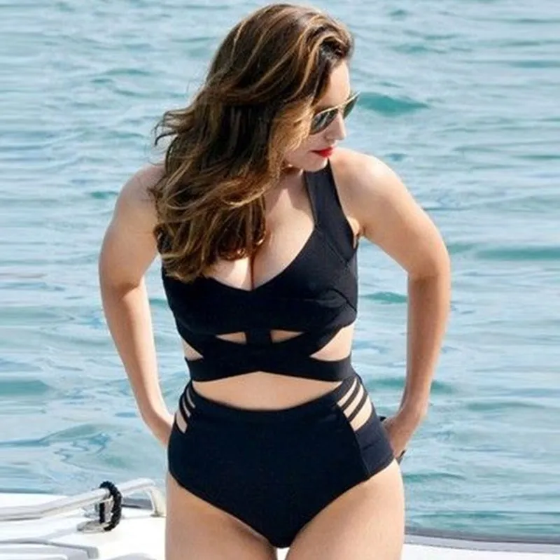 TDFunlive S-XXL Plus size swimwear for curvy women Black criss cross wrap top bikini High waist swimsuit extra large bathingsuit |