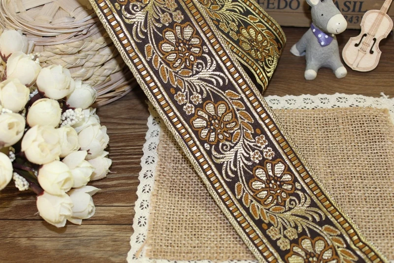 8 ярдов тканая жаккардовая лента 6 см с коричневым цветком|10 yard|jacquard ribbonwoven jacquard