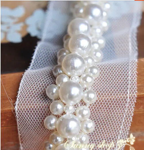 

Pearl Beaded Lace Trim Bridal Sash Beaded Jewelry Trim 1yard