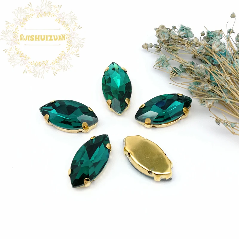 New product Horse eye Malachite green Crystal Glass Sewing Rhinestones with gold Claw DIY Wedding Dresses | Дом и сад