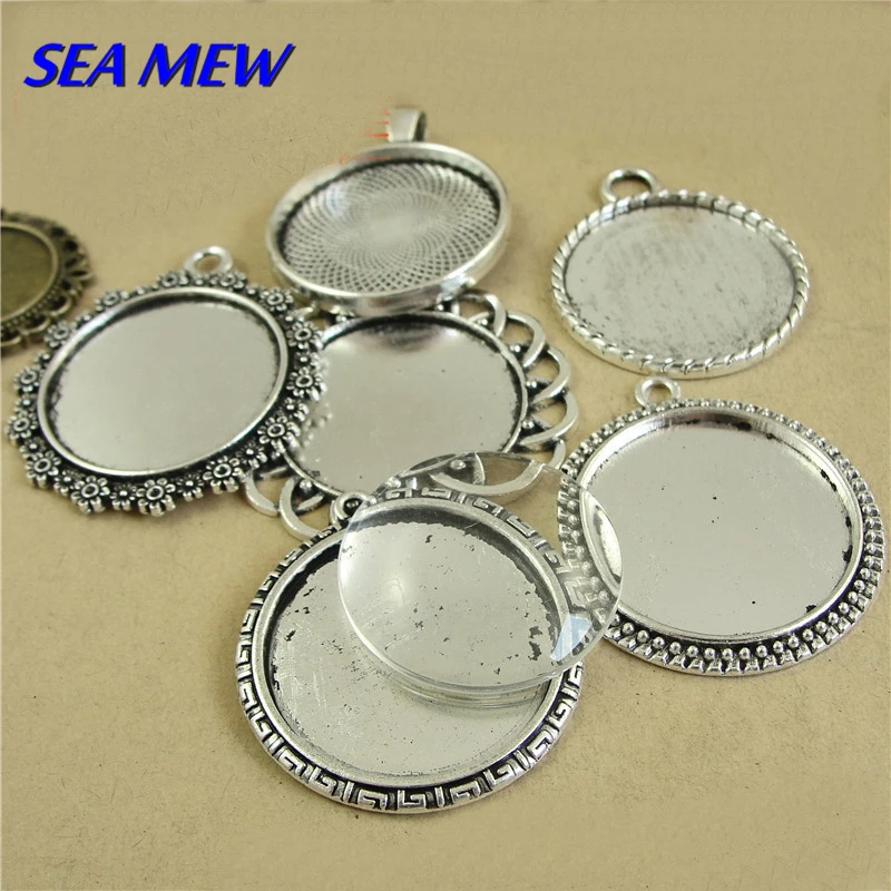

SEA MEW Mixed 30mm Round Cabochon Base Antique Silver Color Pendant Setting Vintage Style Alloy Pendant Base Settings 500g