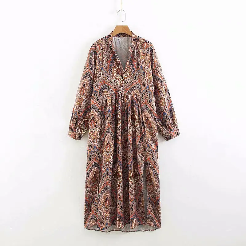 2019 женское винтажное повседневное Свободное платье с v образным вырезом и