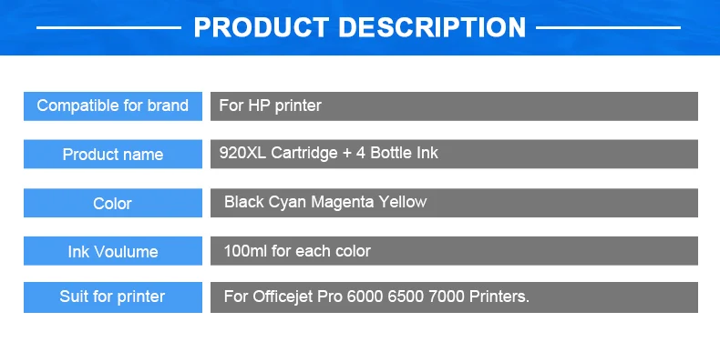 HINICOLE набор чернил для заправки картриджа для hp 920 для hp 920 XL Officejet 6000 6500 6500A 7000 7500 7500A принтер+ 4 цвета 100 мл чернилами
