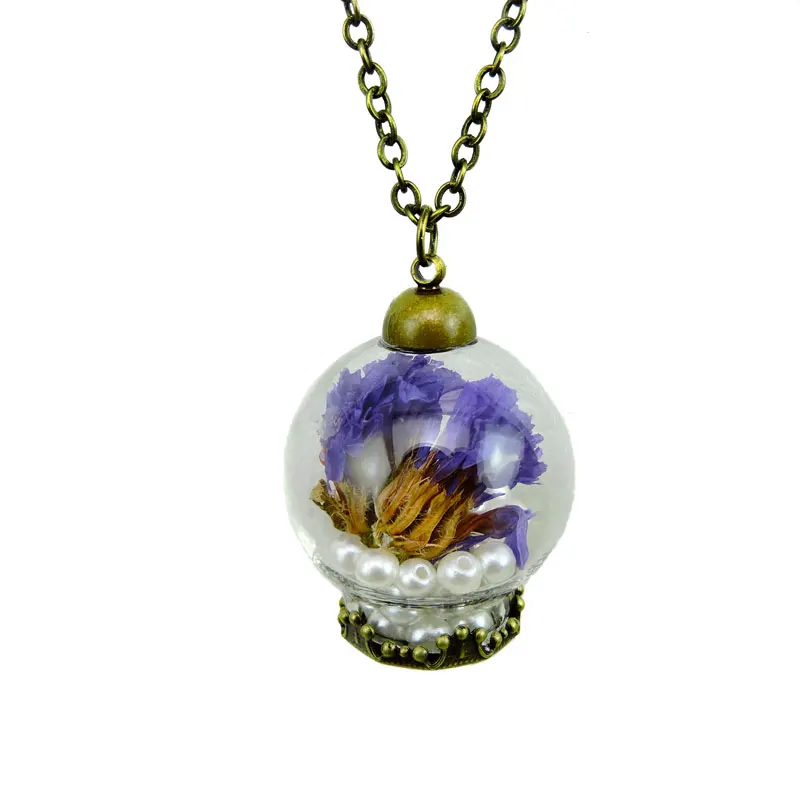 glass ball purple dried flowers necklace fashion handmade dome pendant jewelry women's favorite flower pearl |