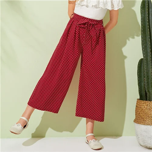 Burgundy SHEIN Kiddie/бордовые Широкие штаны в горошек для девочек с поясом; коллекция года; летние свободные плиссированные брюки с эластичной резинкой на талии в стиле бохо - Цвет: Burgundy