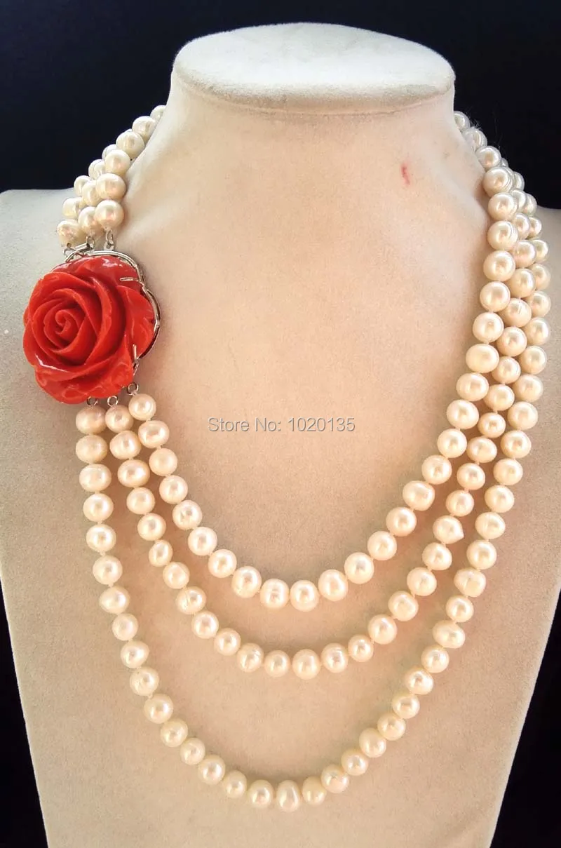 

3rows freshwater pearl necklace white near round 8-9mm 17-20inch red flower clasp wholesale bead gift discount nature