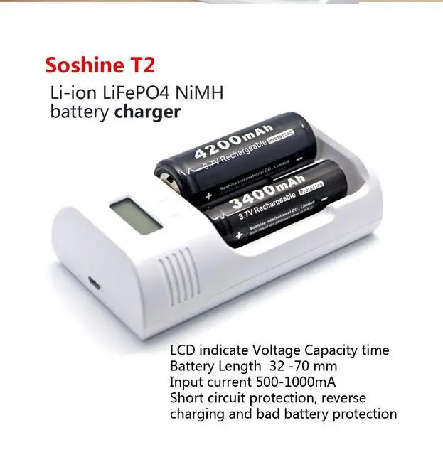 Soshine T2 интеллектуальное зарядное устройство с ЖК дисплеем для li ion 3 7 V 26650 18650 16340
