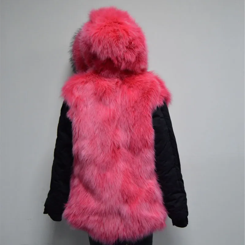Персиковый Финк Цвет Лисий Мех куртка для женщин зимняя одежда обе стороны