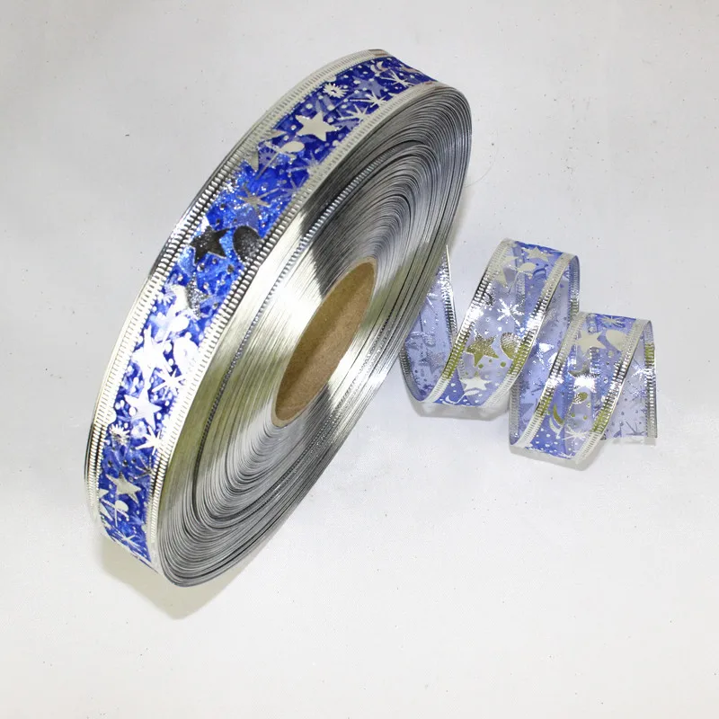 blue 100 ярдов 1 ''(2,5 см) ширина печать Звезда с проволокой на обеих сторонах рождественские украшения органза лента печатная лента - Цвет: blue
